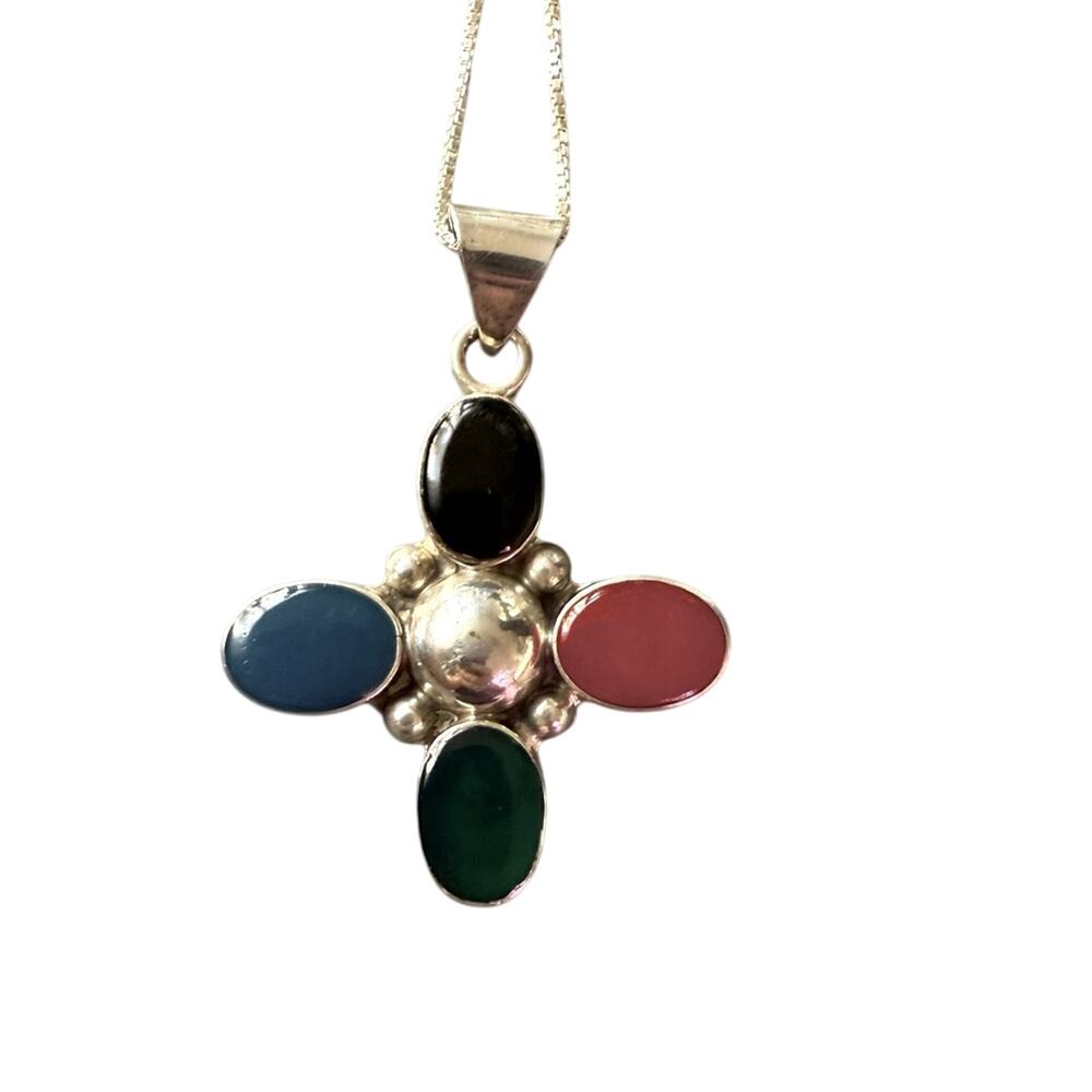Taxco Mexico 925 Sterling Silver Cross Pendant & Necklace